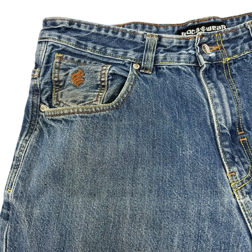 ROCAWEAR Jeans Mens Vintage Relaxed Baggy Button Fly‎ Hip Hop Embroidered 38x31